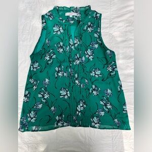 Loft Pintucked Ruffle Tie Neck Mixed Media Shell